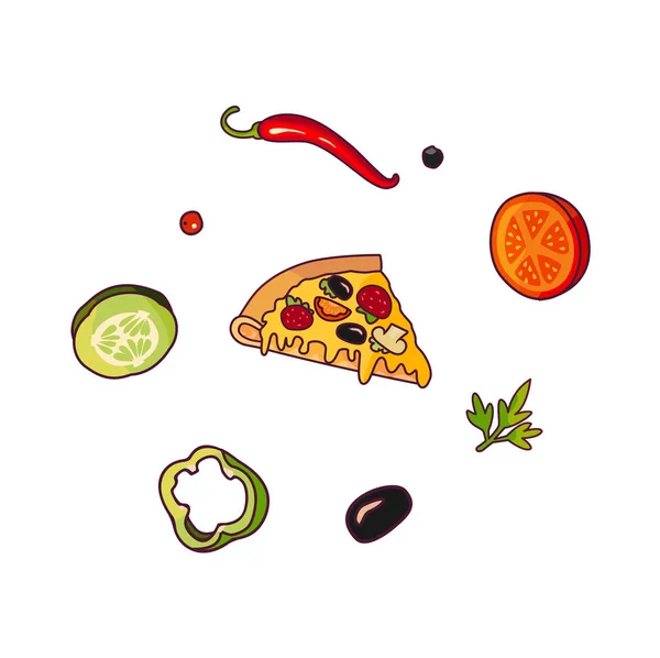 Ingredienti alimentari volanti vettoriali, set fette di pizza — Vettoriale Stock
