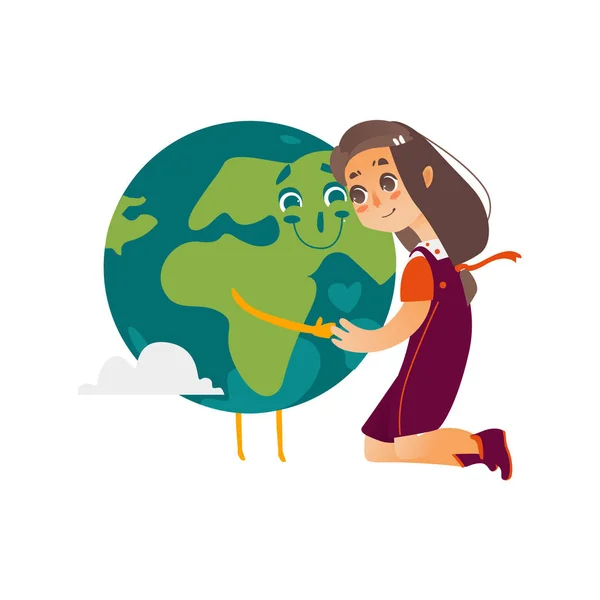Vector flat girl hugging earth planet character — Stock Vector