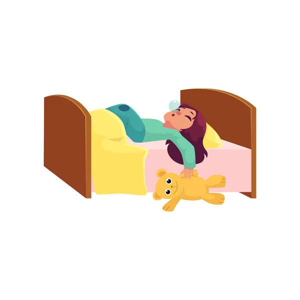 Hübsches kleines Mädchen schläft mit Teddybär im Bett — Stockvektor