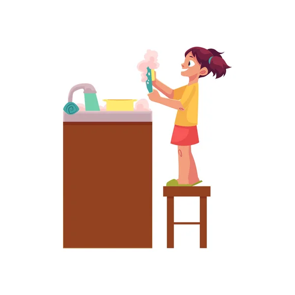 Маленькая девочка моет посуду, ежедневная рутина — стоковый вектор