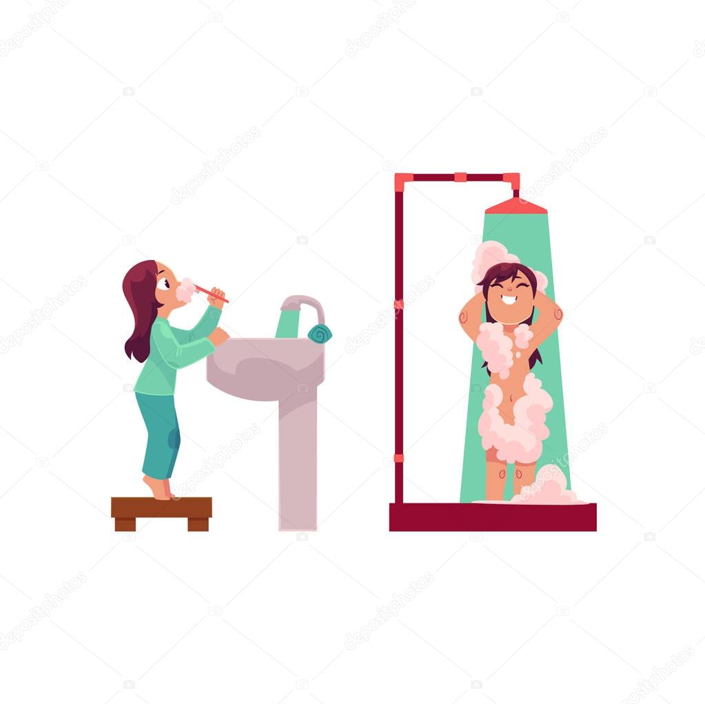 Little girl brushing teeth and taking shower