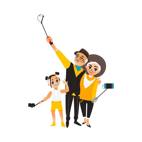 Vektor pasangan dewasa dan anak perempuan membuat selfie - Stok Vektor