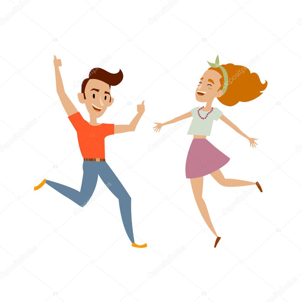 Vector set of teenagers in casual clothing dances