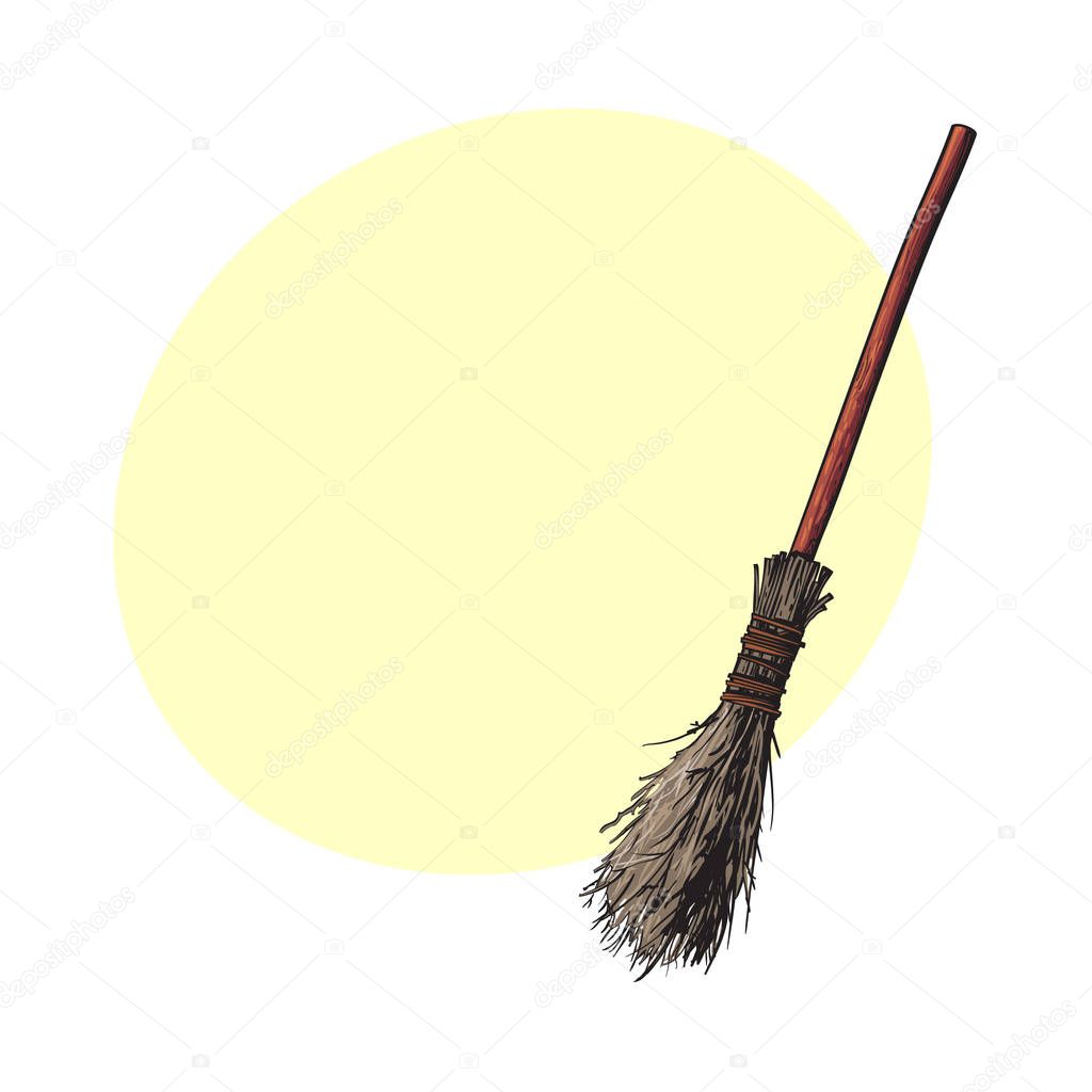Single old twig broom, broomstick, traditional Halloween symbol