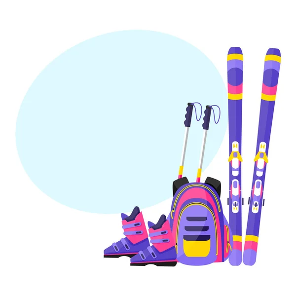 Esquís, bastones, botas y mochila, elementos de vacaciones deportivas de invierno — Vector de stock