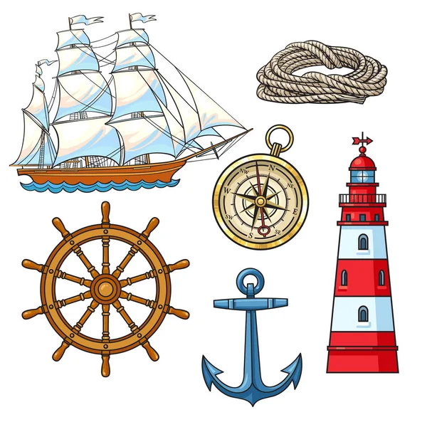 Set of cartoon nautical elements, vector illustration — Stock Vector