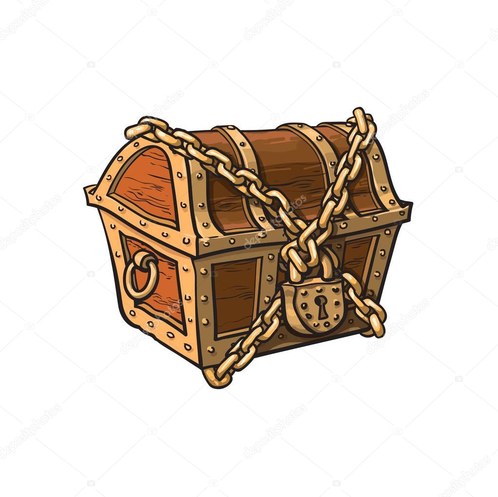 vector closed locked chained wooden treasure chest
