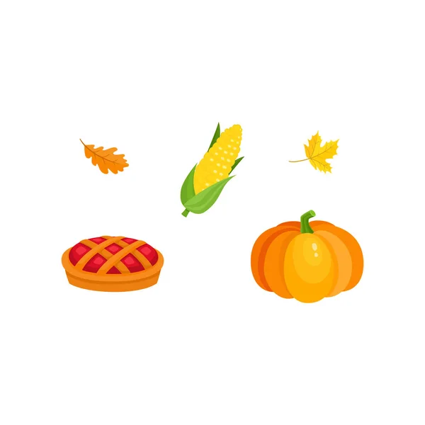 Harvest symbols - pumpkin, corn, pie, fall leaves — Stock Vector