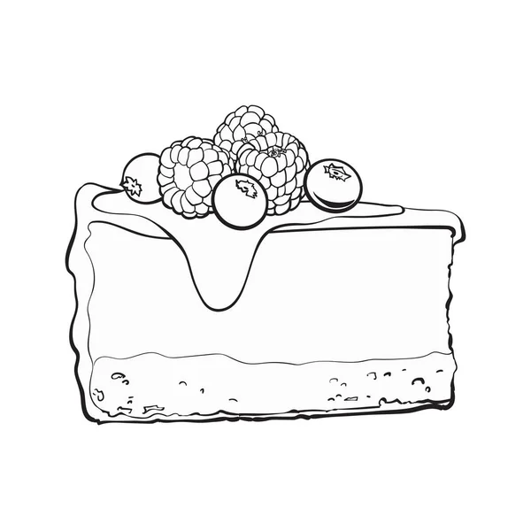 Pedaço de cheesecake desenhado à mão decorado com bagas frescas —  Vetores de Stock
