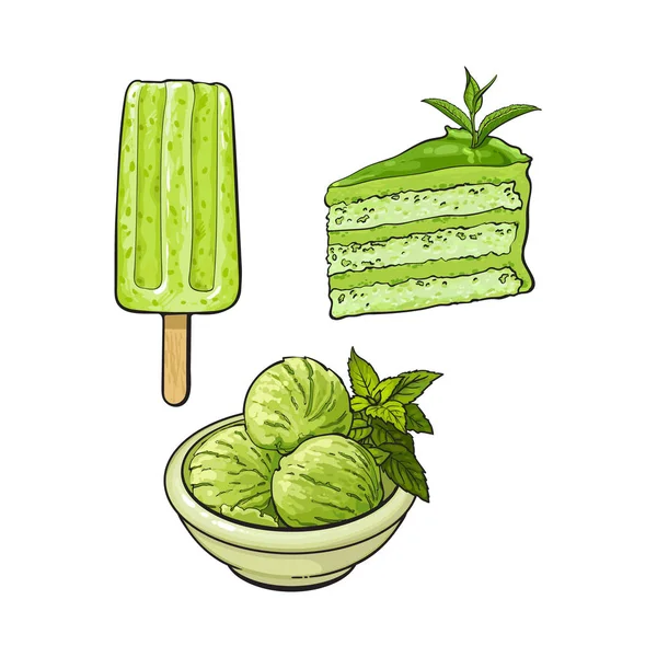 Matcha zielonej herbaty lody, ciasto, popsicle — Wektor stockowy