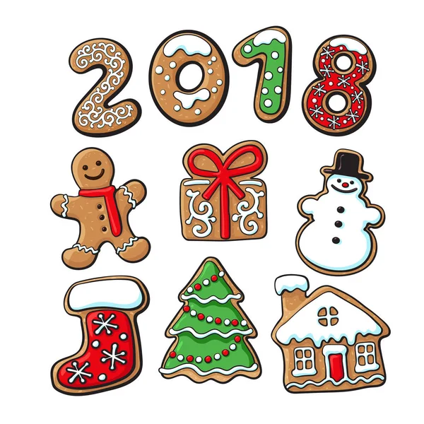 Biscotti di pan di zenzero - Elementi natalizi e 2018 — Vettoriale Stock