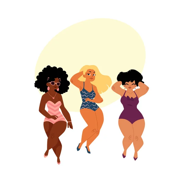 Plump, femmes courbes, filles, modèles plus de taille en maillots de bain — Image vectorielle