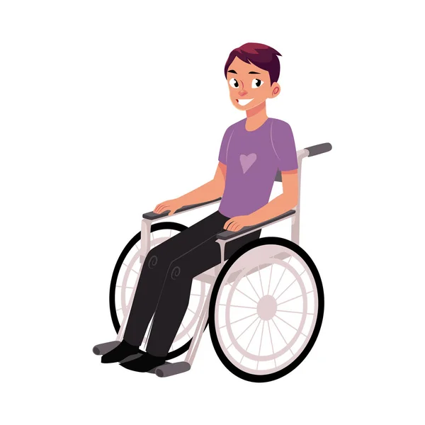 Hombre joven sentado en silla de ruedas, rehabilitación — Vector de stock
