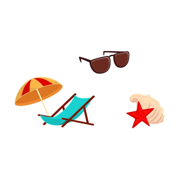 Крісло для відпочинку, пляжна парасолька, сонцезахисні окуляри, мушлі — стоковий вектор