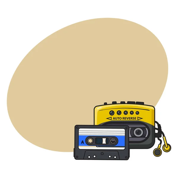 Reproductor de audio negro y amarillo, walkman y cinta de audio de los años 90 — Vector de stock