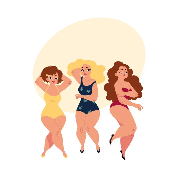 Plump, curvy women, girls, plus size models in swimming suits Stock Illustration