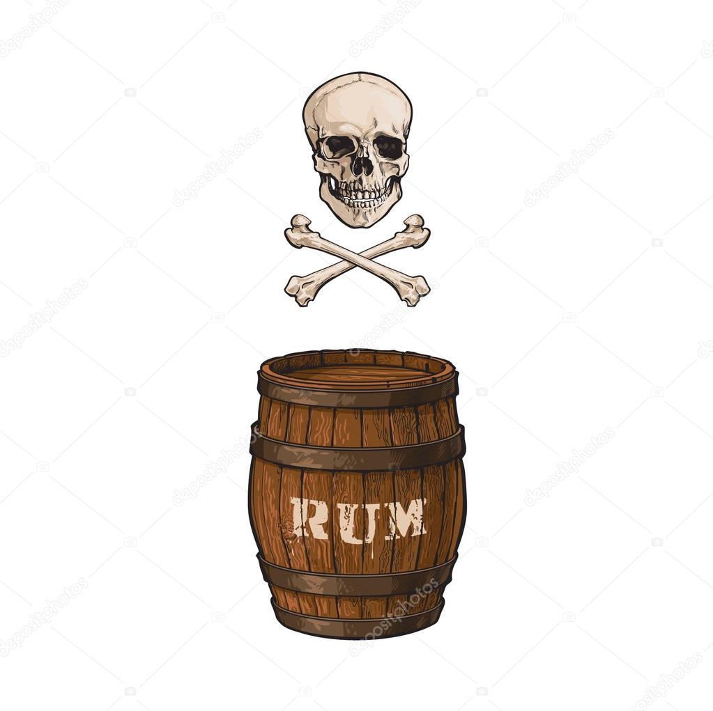 vector wooden rum barrel, skull cross bones set