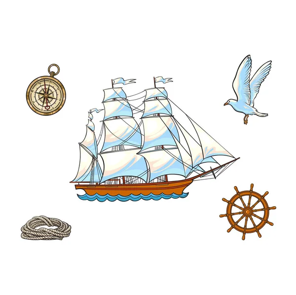 Ship, compass, seagull, rope and steering wheel — Stock Vector
