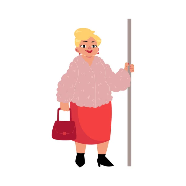 Mollige Frau mittleren Alters, Hausfrau steht in der U-Bahn und hält Handlauf — Stockvektor