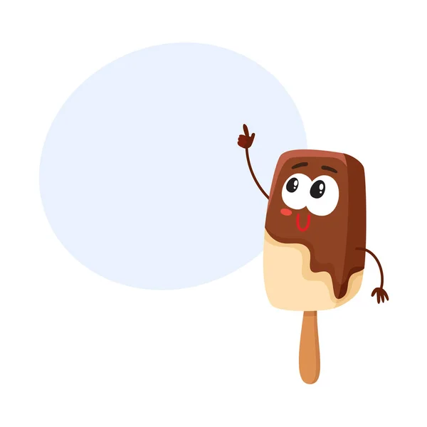 Dondurma çubuk, buzlu şeker karakter parmak işaret üzerinde gülümseyen — Stok Vektör