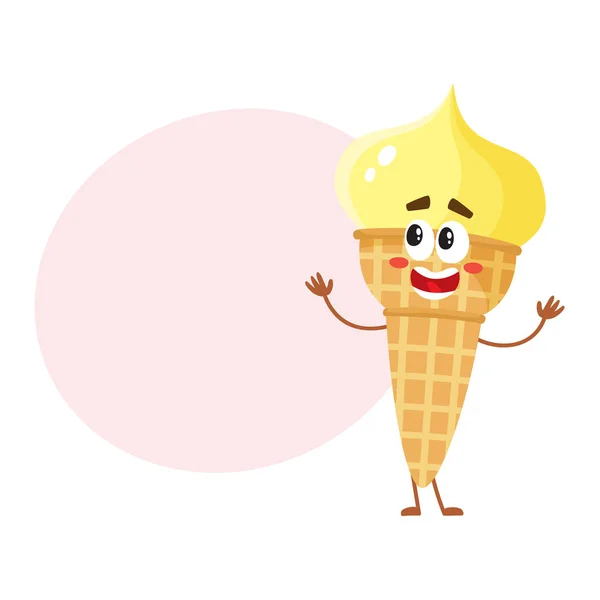Drôle de caractère de crème glacée dans un cône de gaufrettes avec un visage souriant — Image vectorielle