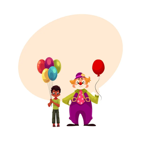 Noir, garçon afro-américain tenant des ballons debout avec clown drôle — Image vectorielle