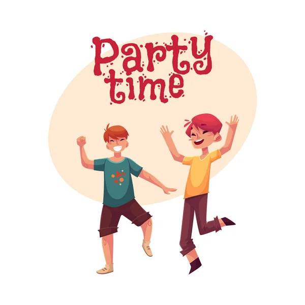 Dos chicos divertidos, niños divirtiéndose, bailando en la fiesta — Vector de stock