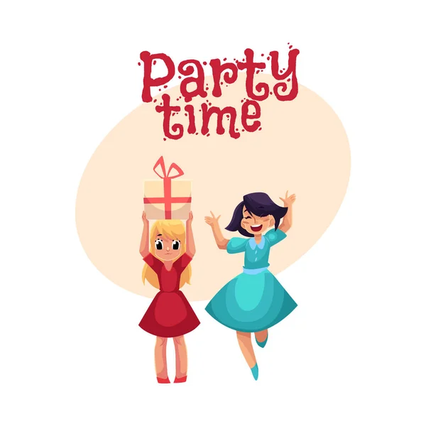 Δύο κορίτσια να διασκεδάζουν στο πάρτι γενεθλίων, χορεύοντας, κρατώντας το δώρο — Διανυσματικό Αρχείο