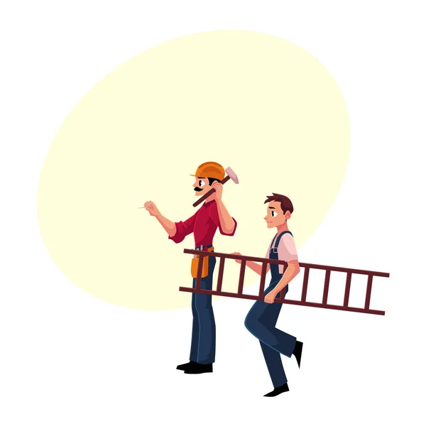 Zwei Bauarbeiter - ein Nagel, eine Leiter — Stockvektor