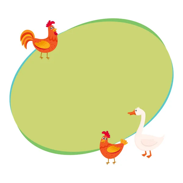 Cute, funny farm birds - rooster, hen, goose - on the pasture — Stock Vector