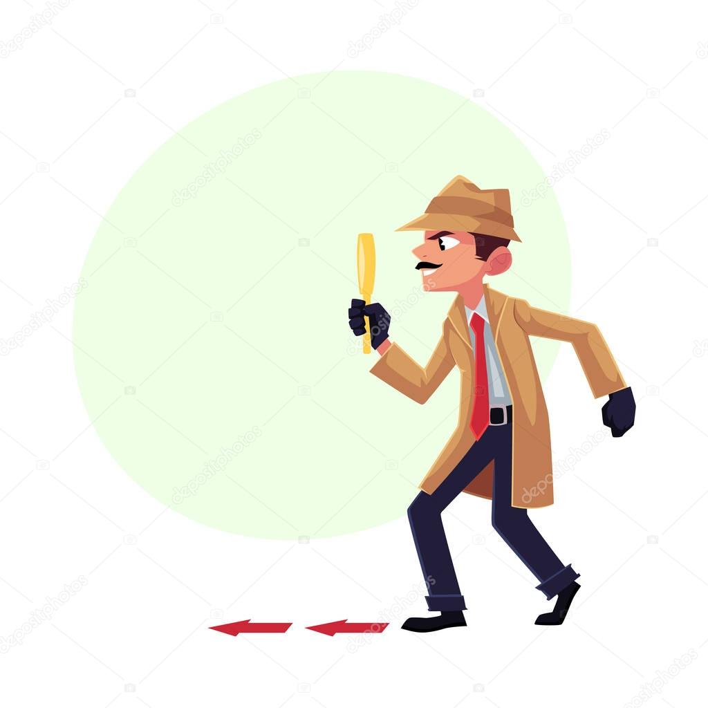 Detective character following, tiptoeing after somebody with magnifying glass