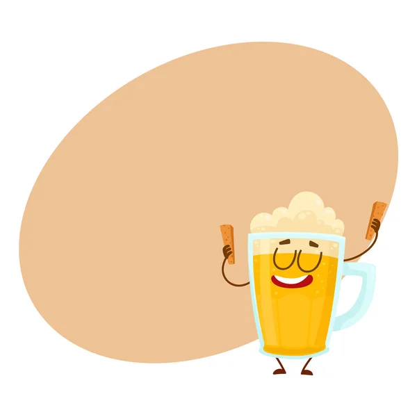 Αστεία μπύρα κούπα χαρακτήρα με χαμογελαστά ανθρώπινο πρόσωπο κρατώντας κρουτόν — Διανυσματικό Αρχείο