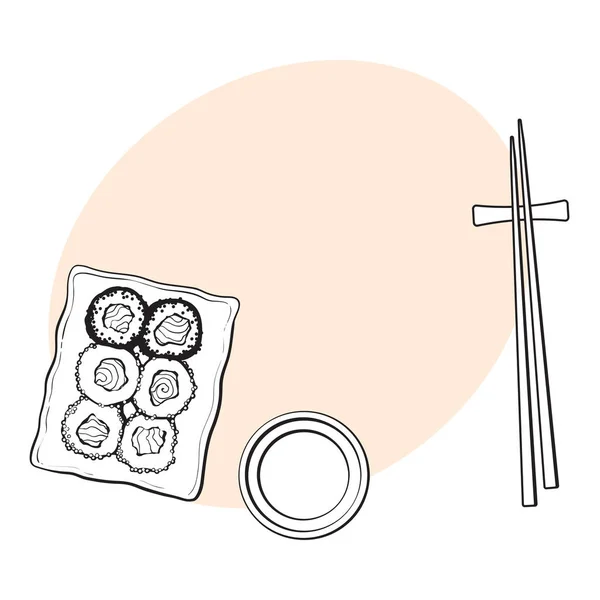 Deska japonského sushi, rohlíky, chosticks a sójová omáčka mísa — Stockový vektor