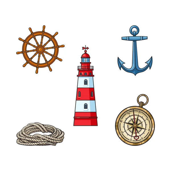 Lighthouse, anchor, compass, rope, steering wheel — Stock Vector