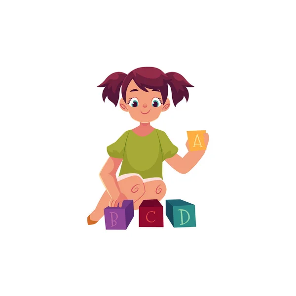 Niña jugando con alfabeto de juguete, bloques ABC — Vector de stock