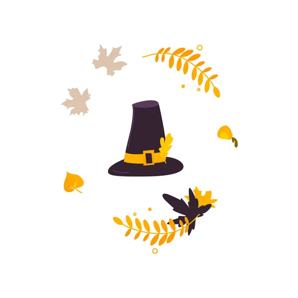 Sombrero de peregrino de dibujos animados y otoño, hojas de otoño — Archivo Imágenes Vectoriales