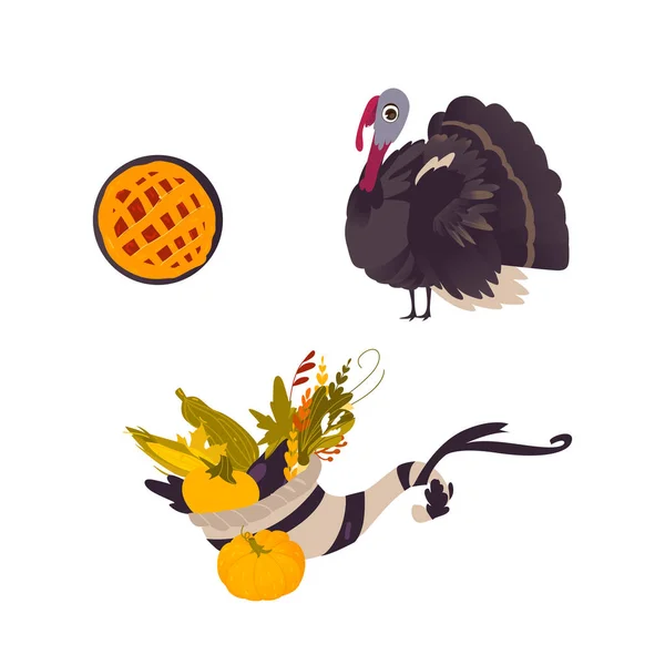 Farm hen turkey, pumpkin pie and cornucopia — Stock Vector