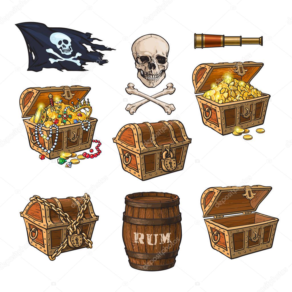 Pirate objects, treasure chests, flag, rum barrel