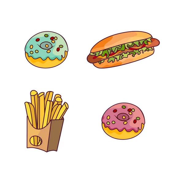 Set de papas fritas de rosquilla de perro caliente vectorial aislado plano — Vector de stock