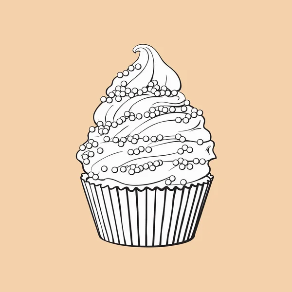 Cupcake dessiné à la main avec tourbillons crème parfaits et saupoudrer — Image vectorielle