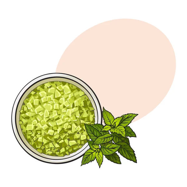 Bowl of organic, green aromatic, bath salt, top view illustration — Stock Vector