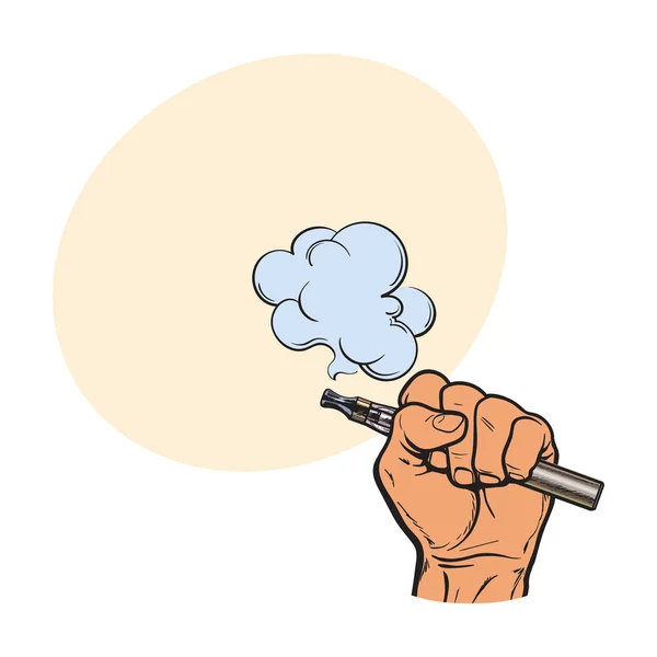 Mano masculina sosteniendo el cigarrillo electrónico, cigarrillo electrónico, vapor, humo saliendo — Archivo Imágenes Vectoriales