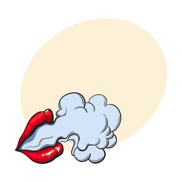 Humo saliendo de hermosos labios femeninos con lápiz labial rojo — Vector de stock