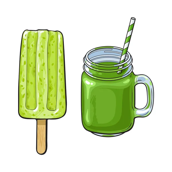 Matcha Groene thee nagerechten - smoothie en popsicle — Stockvector