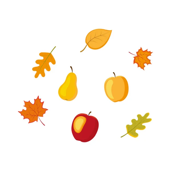 Vector fruit, vegetables autumn falling leaves set — Stock Vector