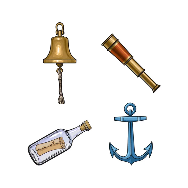 Ship bell, anchor, telescope, message in bottle — Stock Vector