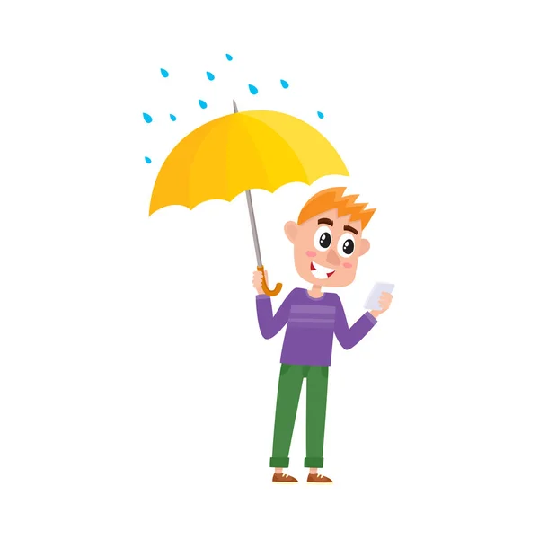 Vector boy keeping umbrella in hand under rain — Stock Vector