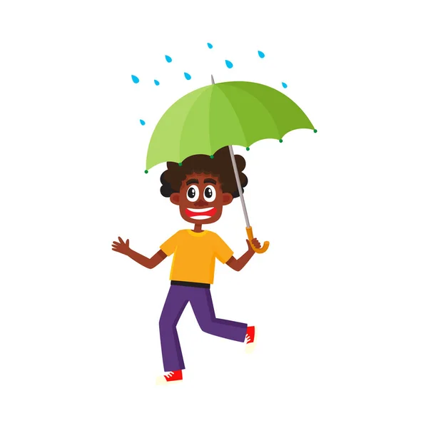 Vector boy keeping umbrella in hand under rain — Stock Vector