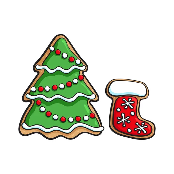 Kerstboom en Santa boot peperkoek cookie — Stockvector