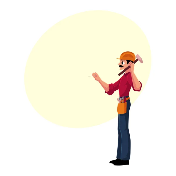 Trabajador de la construcción, constructor en el clavo de la conducción del hardhat con el martillo — Vector de stock